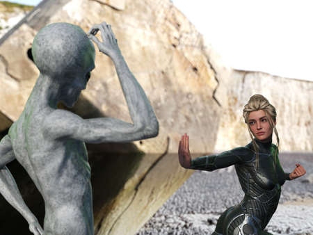 3d illustration of a woman with a clenched fist and her palm to a grey alien scratching its head on...
