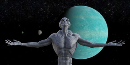 3d illustration of the upper body of a muscled grey alien standing with arms outstretched looking...