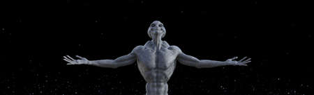 Wide 3d illustration of a muscled grey alien with arms outstretched looking upward against a space...