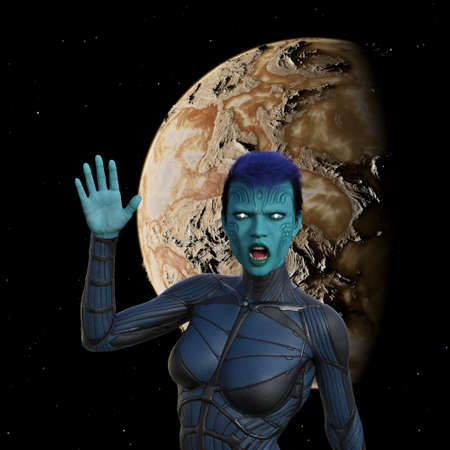 3d illustration of an angry blue skin alien with facial carving and white glowing eyes waving with a...