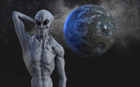 3d illustration of a muscular gray alien with hand behind his head looking forward with large black...