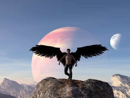 3d illustration of a muscled angelic man on a boulder with black wings wearing pants against a planet rising above a harsh terrain.の写真素材