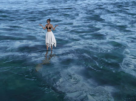 3d illustration of a beautiful woman wearing a bikini top and a white skirt standing ankle deep in water with hands out in a gesture of surprise.の写真素材