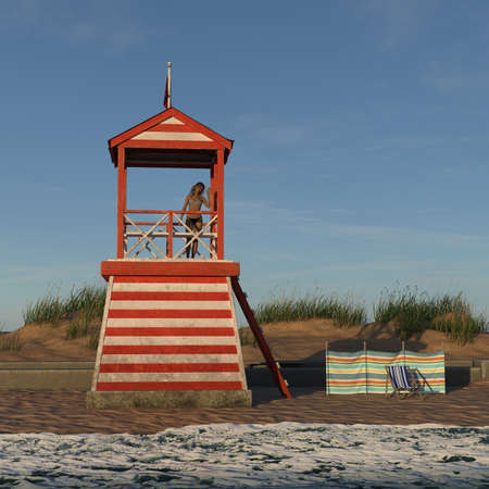 3d illustration of a woman wearing a bikini waving from the observation platform of an old lifeguard station in the early morning light.の写真素材