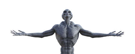 3d illustration of a muscled grey alien with arms held wide while looking up on a white background.
