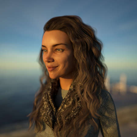 3D illustration of a woman looking forward and smiling happily near the seashore at sunset.の写真素材