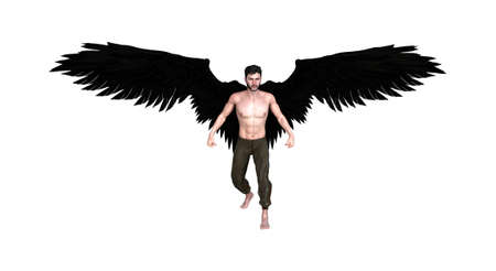 3d illustration of a man with black angelic wings wearing pants isolated on a white background.