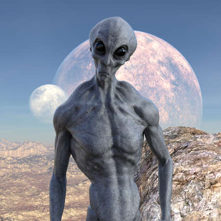 3d illustration of the upper body of a grey alien standing on a barren world with two moons rising...
