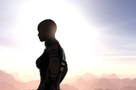 3d illustration of a bald female alien with pointy ears in deep shadows looking into the distance on...