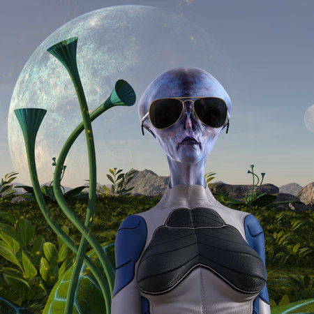 3d illustration of an alien woman wearing sunglasses on an extraterrestrial planet.
