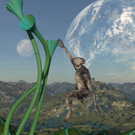 3d illustration of an ugly angry alien hanging off a tall extraterrestrial plant with two moons in the background.の写真素材
