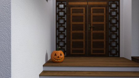 3d illustration of an unlit pumpkin sitting on the front porch of a house with stucco walls.の写真素材
