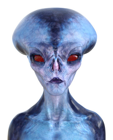 3d illustration of a blue skin female alien looking forward with large red eyes on a white background.の写真素材