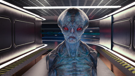 3d Illustration of an alien with red eyes in a starship corridor staring forward.の写真素材