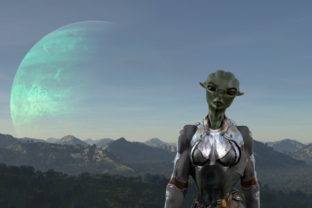 3d illustration of a female alien with large black eyes and green skin in the foreground with a large gaseous planet in the background.の写真素材