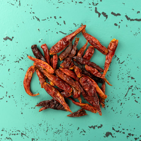 Small pile of dried Vietnamese chili peppers on a countertop.の写真素材