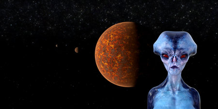 3d illustration of a large headed blue skin alien with red eyes looking forward with a planet and...
