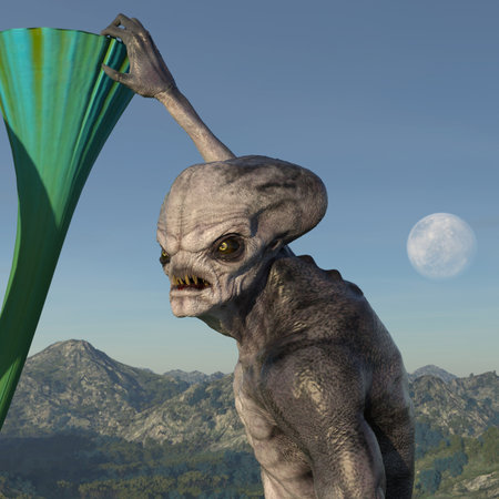 3d illustration of an ugly angry scowling alien holding onto a tall extraterrestrial plant with a...