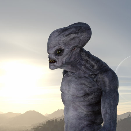 3d illustration of an alien looking into the distance on an exoplanet with the sun setting and a...