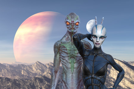 3d illustration two aliens having fun on an extraterrestrial world.