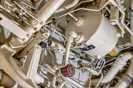 The complex machinery the makes up the landing gear for a jet airplaneの写真素材