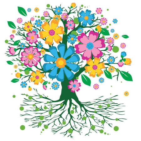 A colorful tree of life with a crown full of colorful flowers. The background is whiteのイラスト素材