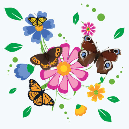 A bouquet of colorful flowers and leafs with different butterflies.のイラスト素材