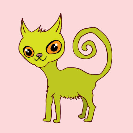 An illustration of a funny green cat. He has big orange eyes and a curly tail.のイラスト素材