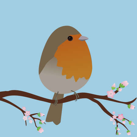 A very cute robin bird in the shape of an egg. blue background. The bird sits on a branch with pink blossoms.のイラスト素材