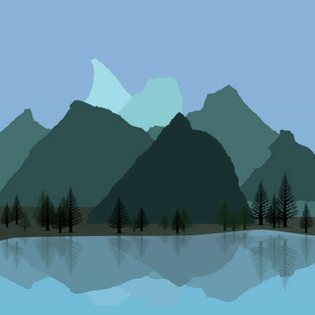 A vector illustration of a mountain landscape with a lake and pine trees. The reflection of the mountains and trees is visible in the water.のイラスト素材