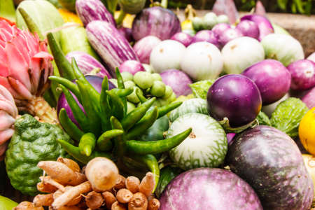 fresh fruits and vegetables mix in basketの写真素材