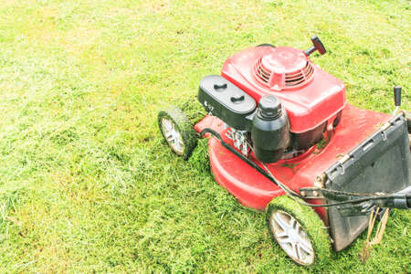 Lawnmower cutting grass in the gardenの写真素材