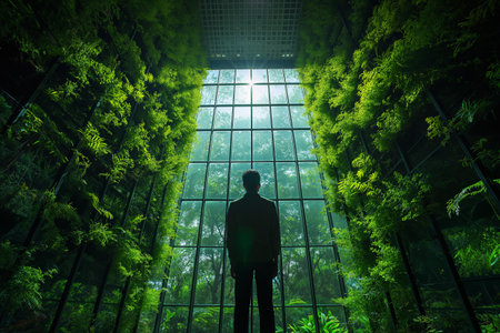 Businessman looking through back view a glass  window in a green forest, Green city concept.の素材