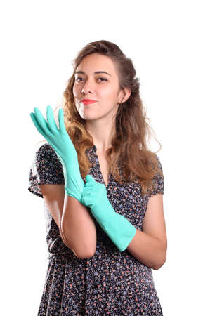 Young housewife cleaner  Over white backgroundの写真素材