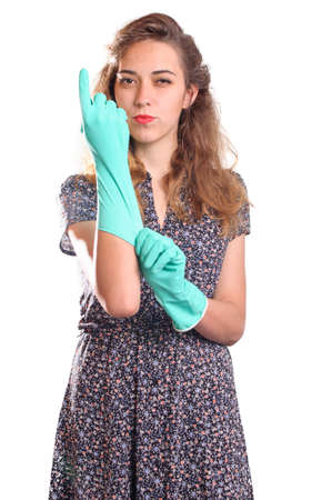 Young housewife cleaner  Over white backgroundの写真素材