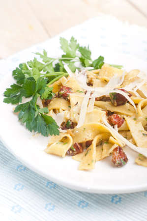 Spaghetti Carbonara with bacon, parsley and cheeseの写真素材