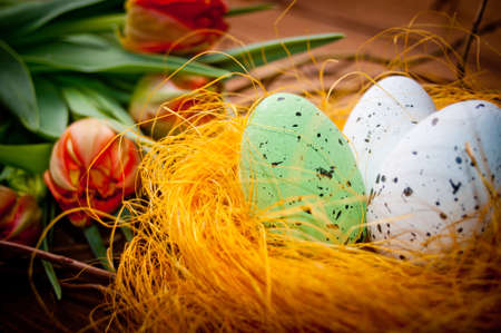 birds eggs in nest with tulip flowers on vintage wooden backgroundの写真素材
