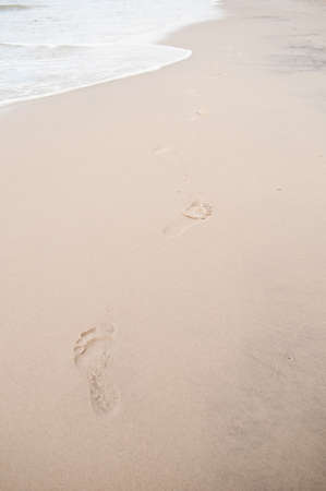 Footprints in wet sand of beachの写真素材