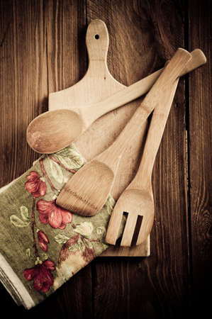 Empty vintage cutting board on planks food background conceptの写真素材