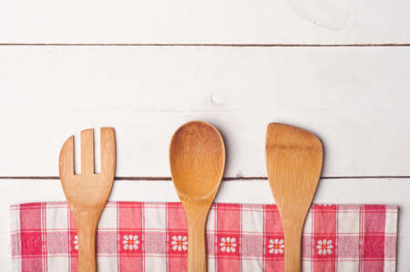 wooden table and tableclothの写真素材