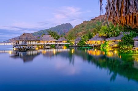 Overwater Bungalows at dusk, French Polynesiaの写真素材