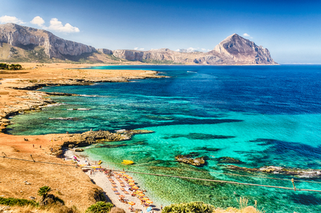 Panoramic View Over Sicilian Coastline and Cofano Mountain, San Vito Lo Capoの写真素材
