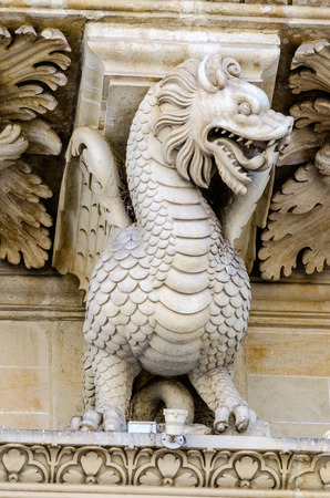 Sculpture on the facade of the Church of the Holy Cross in Lecce. Masterpiece of baroque art in Salento, Apulia, Italyの写真素材