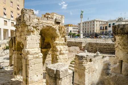 The iconic Roman amphitheatre in Sant'Oronzo square, one of the most visited spots in Lecce, Salento, Apulia, Italyの写真素材