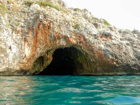 Beautiful scenic seascape at Ciolo Bridge, near Santa Maria di Leuca, Salento, Apulia, Italyの写真素材