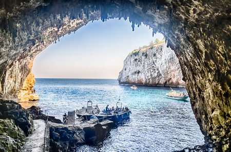 The scenic Zinzulusa cave and seascape in Salento near Otranto, Apulia, Italyの写真素材
