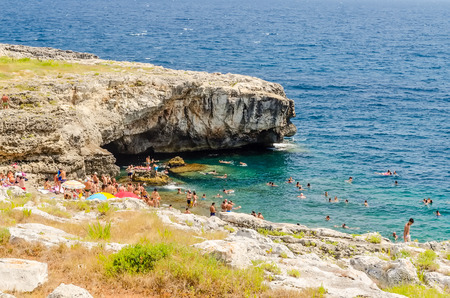 Beautiful scenic seascape at Marina di Andrano, Salento, Apulia, Italyの写真素材