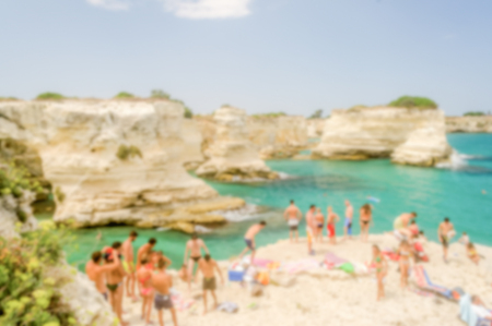 Defocused background with scenic rocky cliffs in Salento, Italy. Intentionally blurred post production for bokeh effectの写真素材