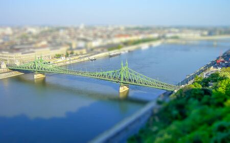 Panoramic aerial view of Budapest and the Danube River, Hungary. Tilt-shift effect appliedの写真素材