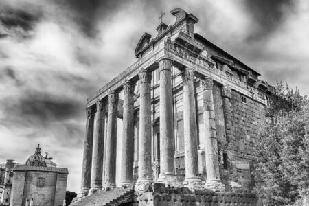 Ancient ruins of the Temple of Antoninus and Faustina inside the Roman Forum in Rome, Italyの写真素材
